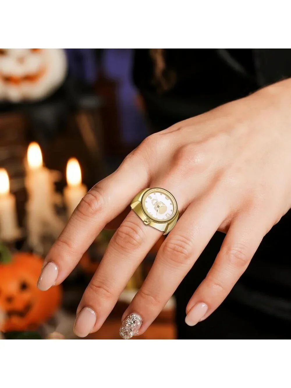 Unisex Gold Analog Quartz Rhinestone Vintage Elastic Skull Finger Ring Watch